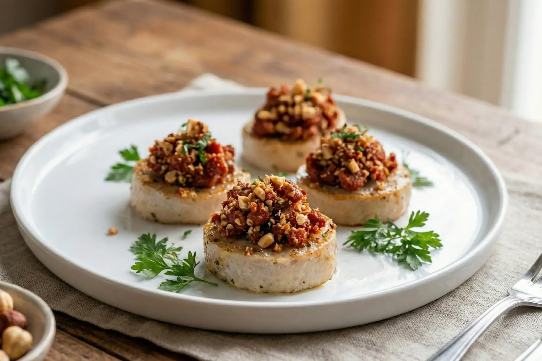 Présentation festive et élégante de bouchées de boudin blanc au crumble chorizo pour un apéritif de Noël ou une entrée.