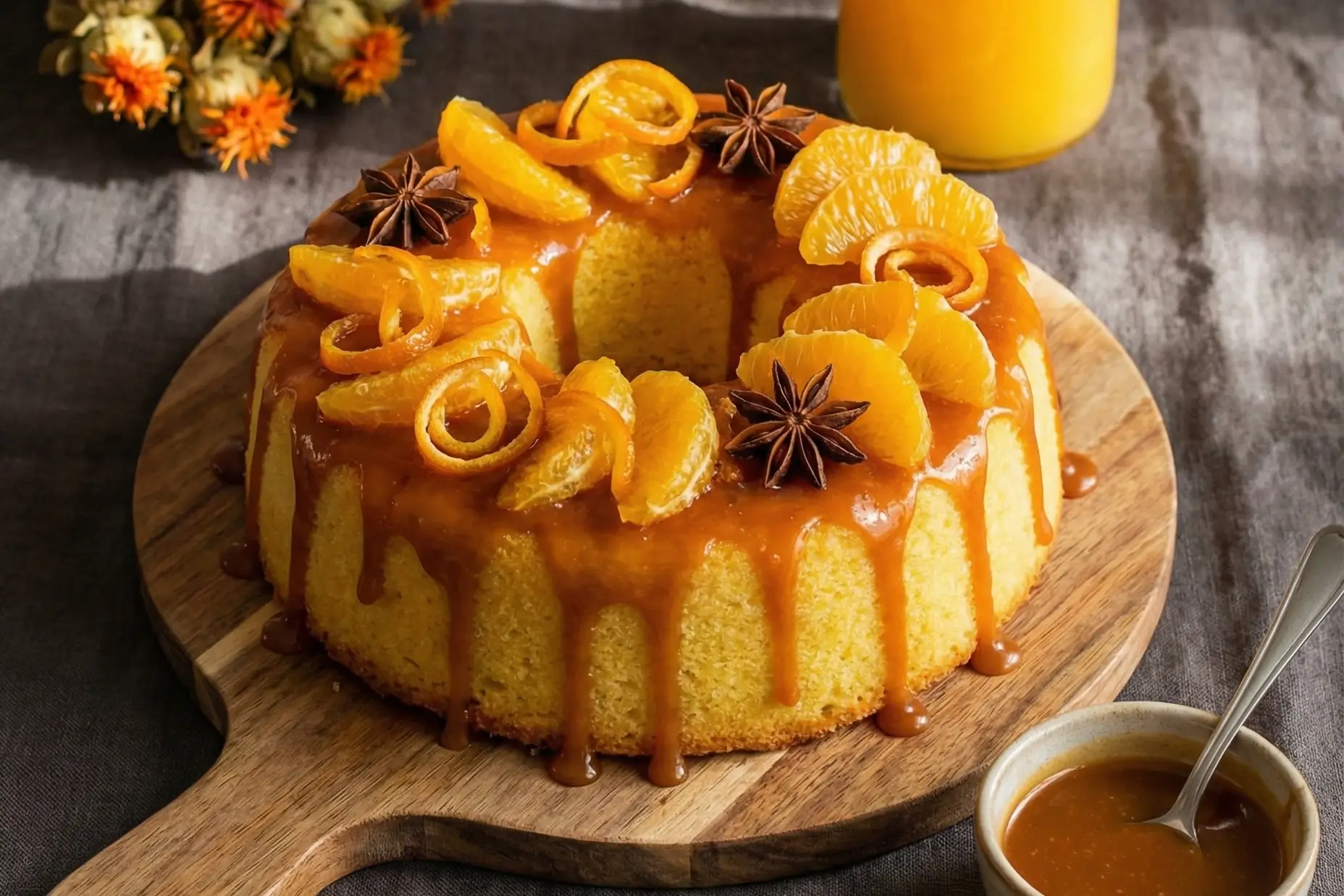 Gâteau de semoule à l'orange entier, en forme de couronne, nappé de sirop brillant et décoré de tranches d'orange fraîches et de menthe sur un plat de service blanc près d'une fenêtre.