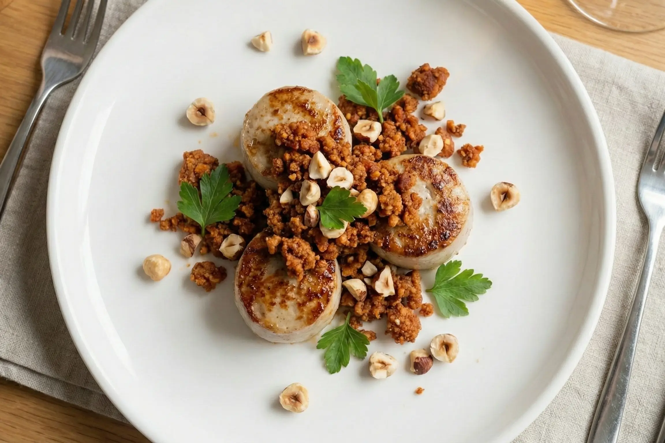 Présentation festive et élégante de bouchées de boudin blanc au crumble chorizo pour un apéritif de Noël ou une entrée.
