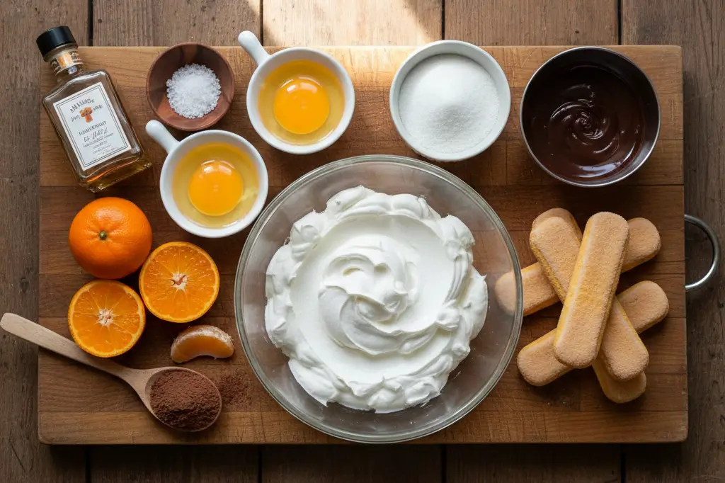 Gros plan sur tous les ingrédients pour un Tiramisu de Noël au chocolat et clémentine : œufs, sucre, mascarpone, chocolat noir, biscuits à la cuillère, clémentines fraîches, et cacao en poudre.