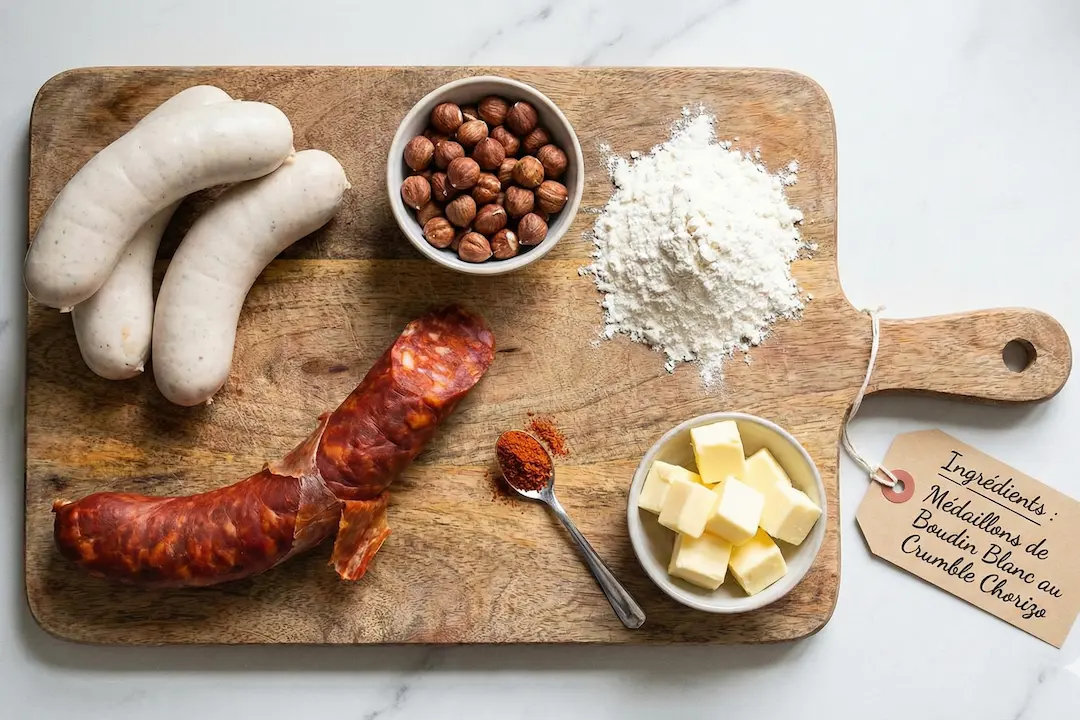 Ingrédients pour la recette de médaillons de boudin blanc : boudins frais, chorizo, noisettes, farine et beurre sur une planche en bois.