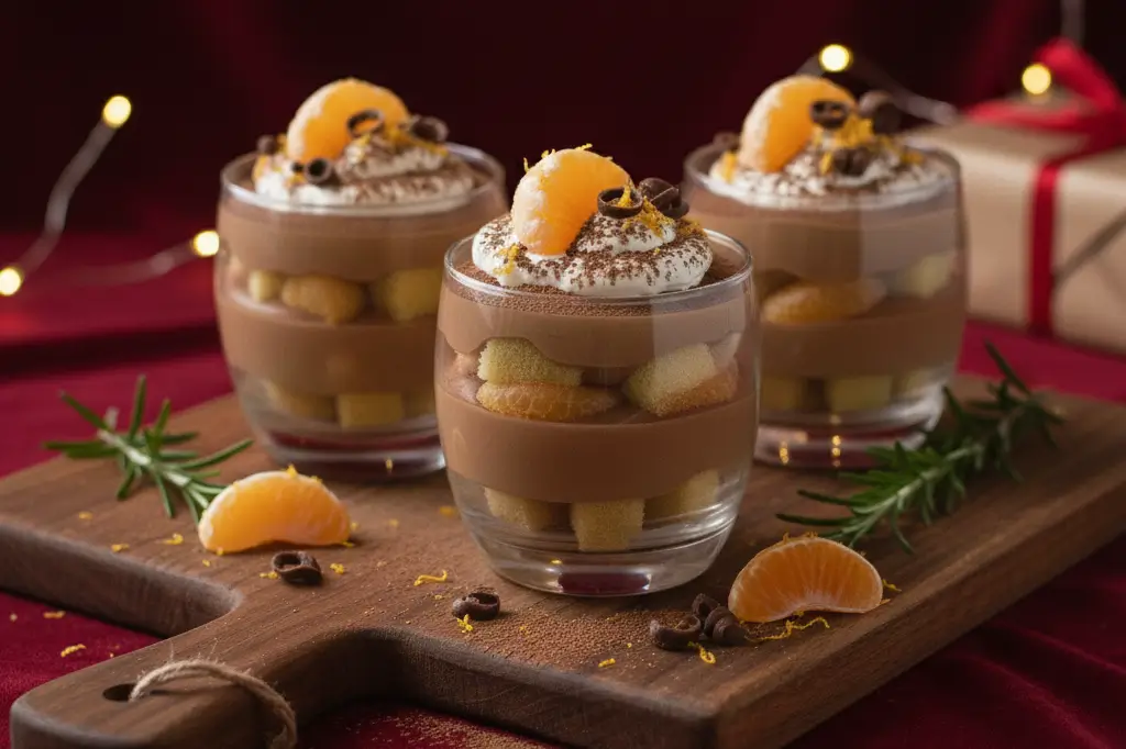 Trois verrines de Tiramisu de Noël au Chocolat et Clémentine décorées pour les fêtes, saupoudrées de cacao, et garnies de crème blanche, d'un quartier de clémentine et/ou de zeste.