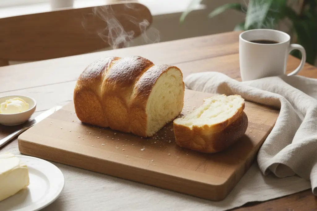 Tranche de Pain Brioché au Yaourt : La Recette Ultra Moelleuse et Inratable sur une assiette, accompagnée d'un café, de confiture et d'un couteau, sur une table en bois ensoleillée.