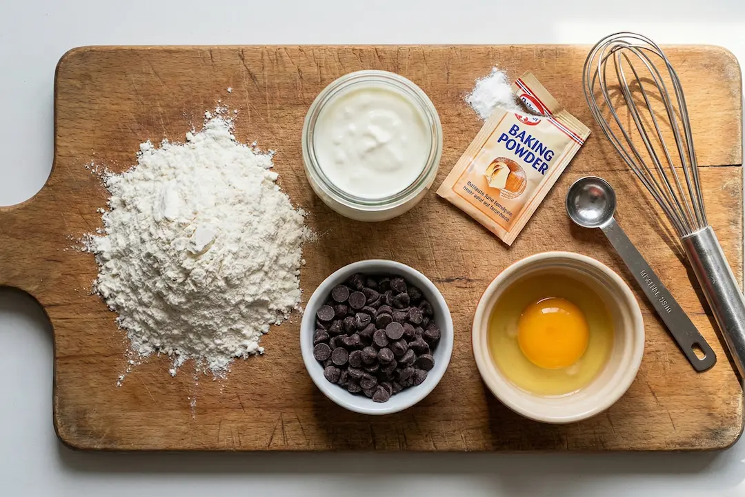 Ingrédients pour brioche healthy sans beurre : farine, fromage blanc, levure, pépites de chocolat et œuf sur une planche en bois.