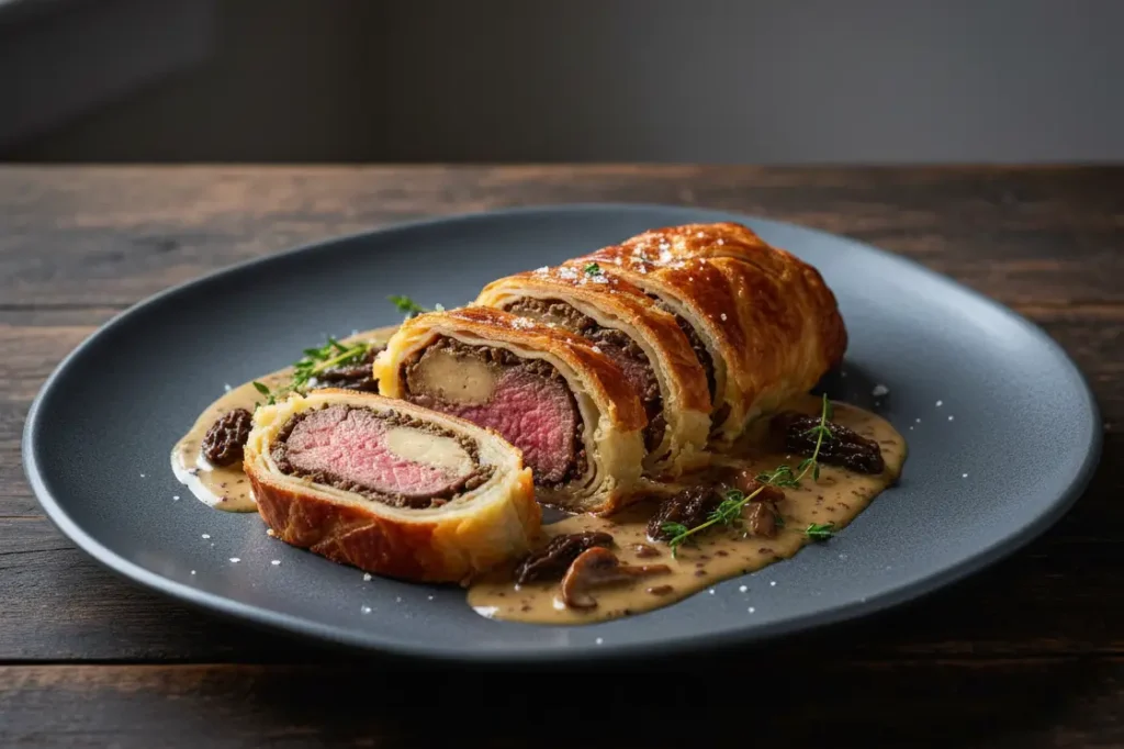 Tranches de Filet Mignon en Croûte au Foie Gras cuisson rosée avec sauce aux morilles crémeuse.