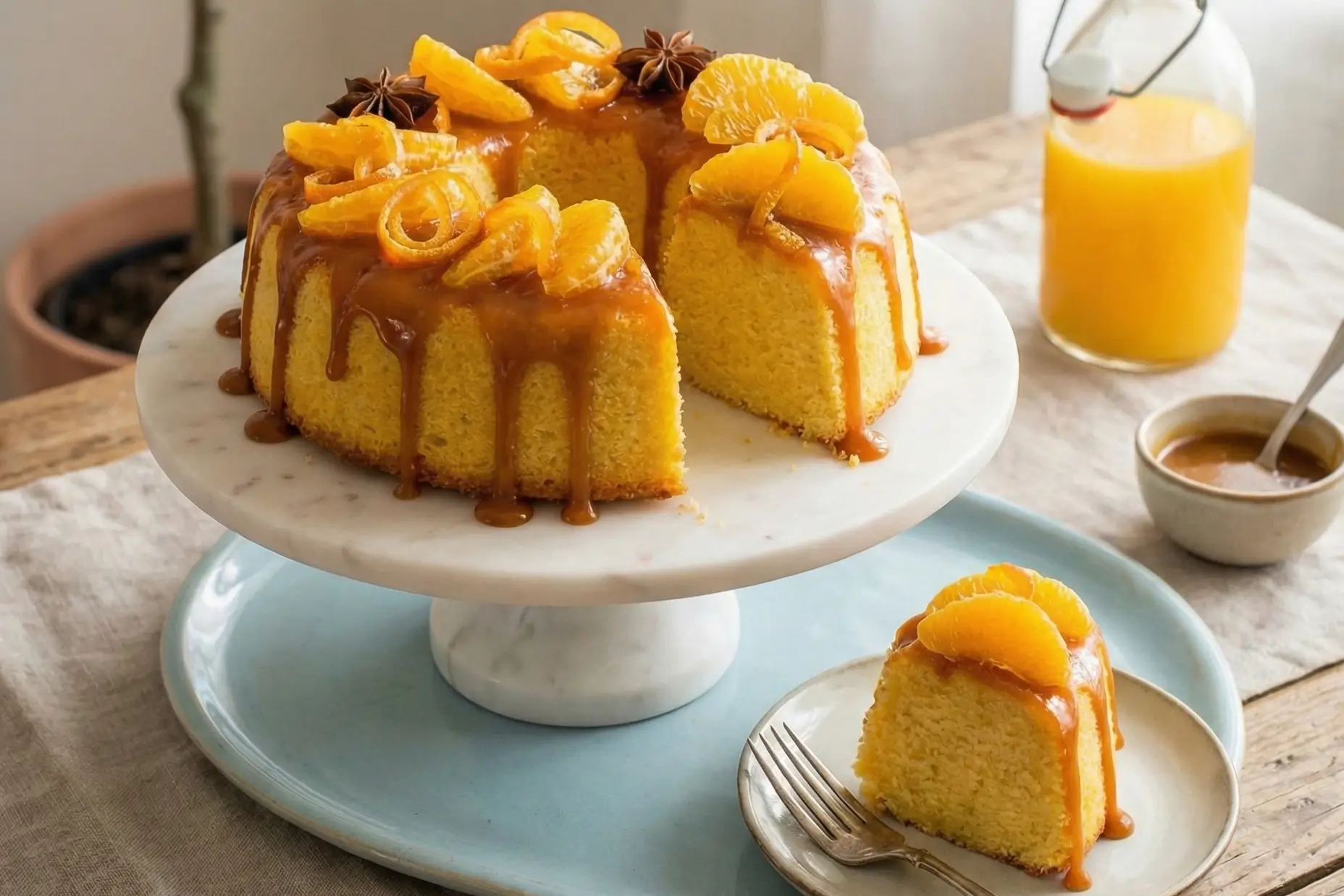 Gâteau de semoule à l'orange entier, en forme de couronne, nappé de sirop brillant et décoré de tranches d'orange fraîches et de menthe sur un plat de service blanc près d'une fenêtre.