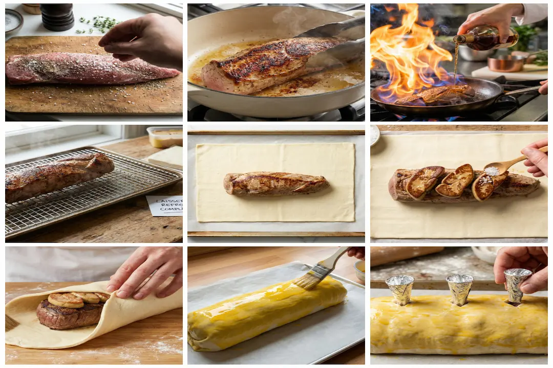 Préparation du Filet Mignon en Croûte au Foie Gras étape du montage de la viande dans la pâte feuilletée.