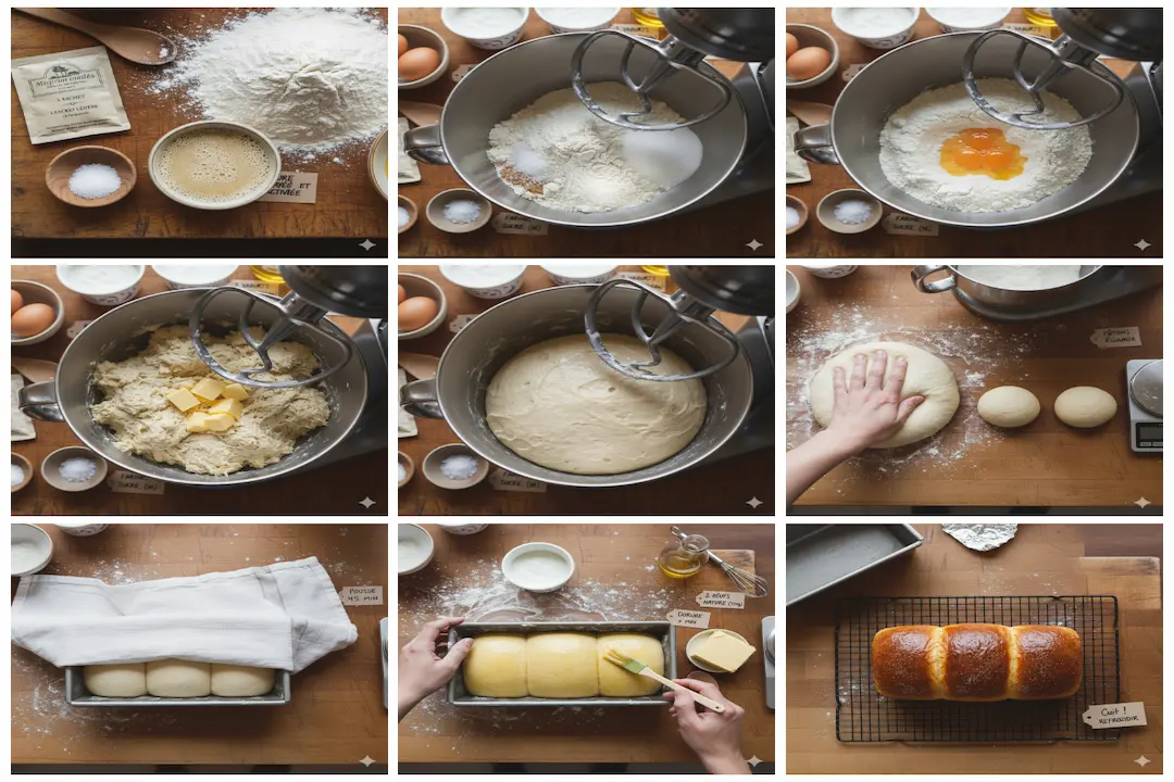 Une main pétrissant une pâte à brioche lisse et élastique dans un bol de robot pâtissier avec un crochet.