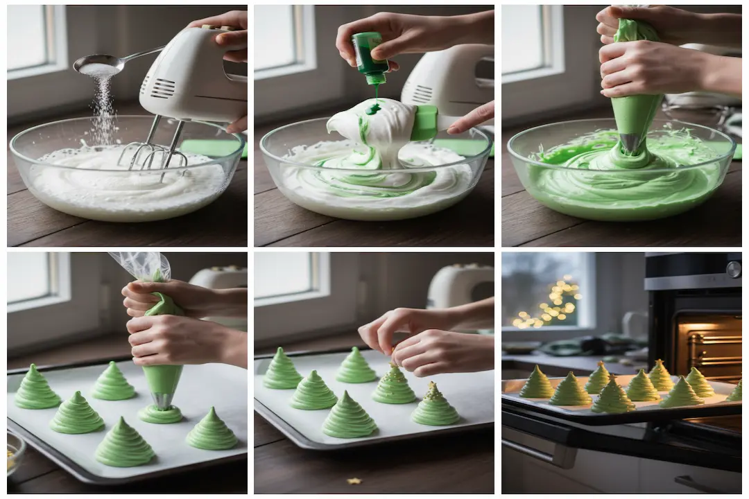 Meringue verte ferme dans une poche à douille, prête à être dressée en Petits Sapins Meringués.