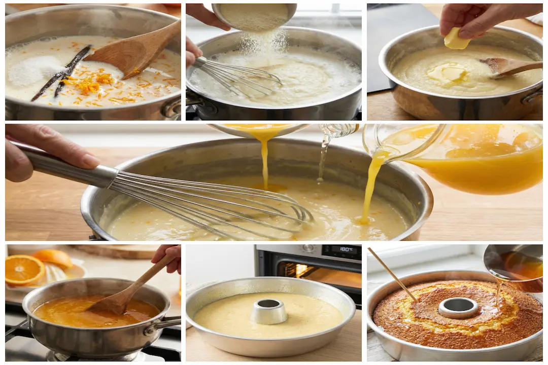 Étape de préparation montrant une main versant un œuf et du jus d'orange dans une casserole contenant la semoule cuite, avec un fouet prêt à mélanger.