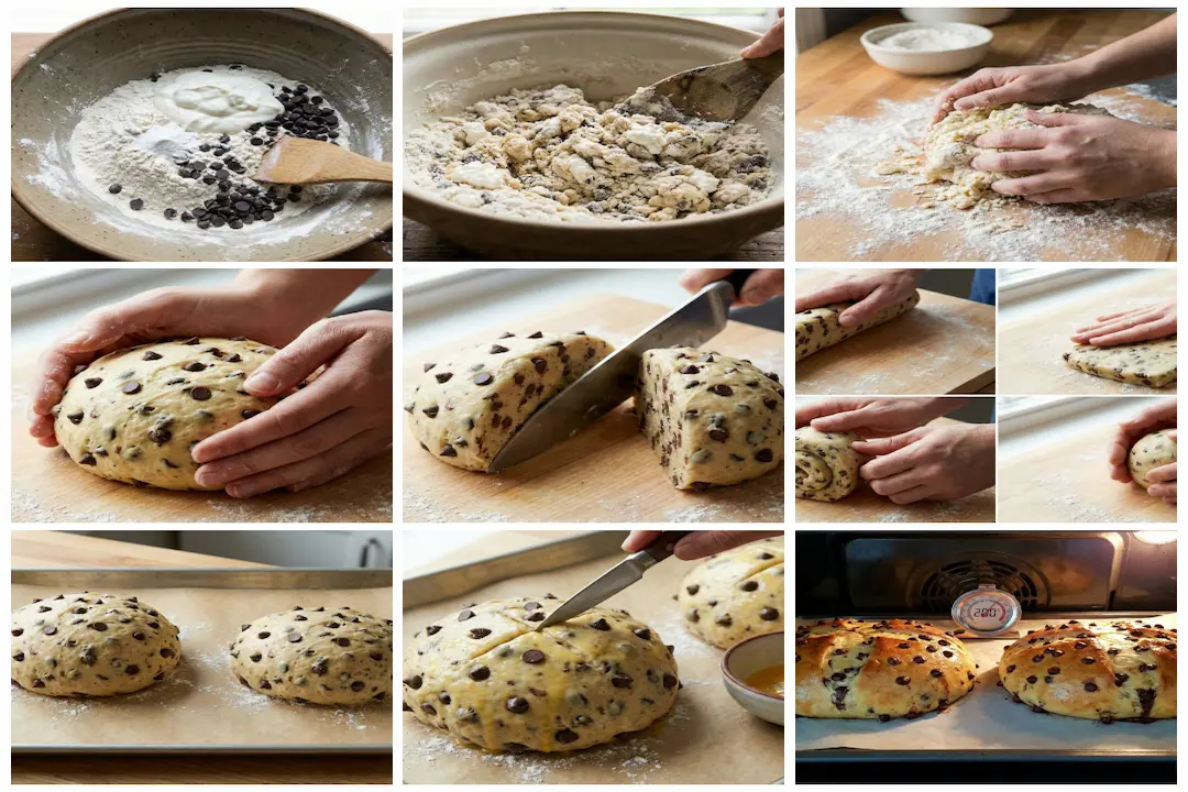 Boule de pâte à brioche aux pépites de chocolat en cours de façonnage à la main.