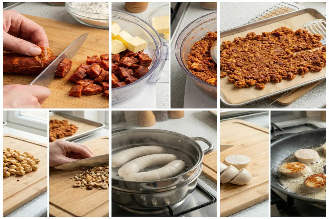 Préparation du crumble de chorizo au mixeur pour obtenir une texture sableuse.