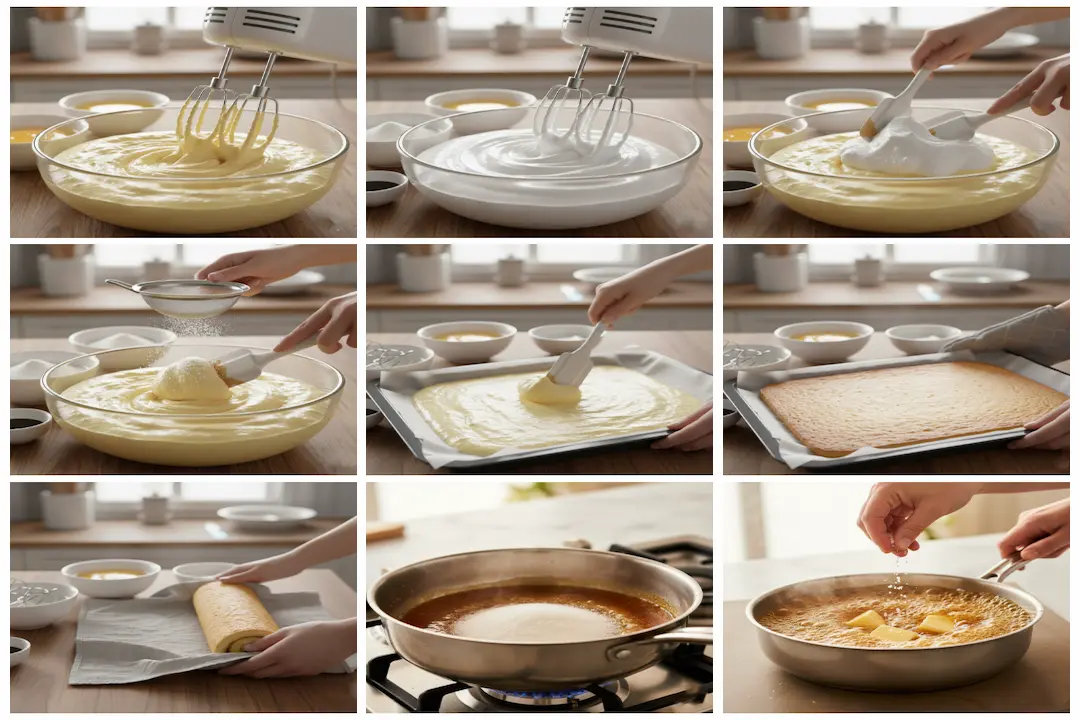 Biscuit à rouler plat étalé sur une plaque de cuisson, recouvert d'une couche uniforme et lisse de crème au mascarpone blanche.