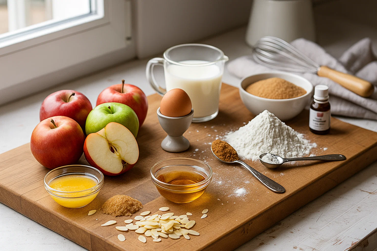 Ingrédients Grimolle aux Pommes : pommes, farine, lait, œufs, cassonade, vanille et amandes effilées sur une planche en bois.