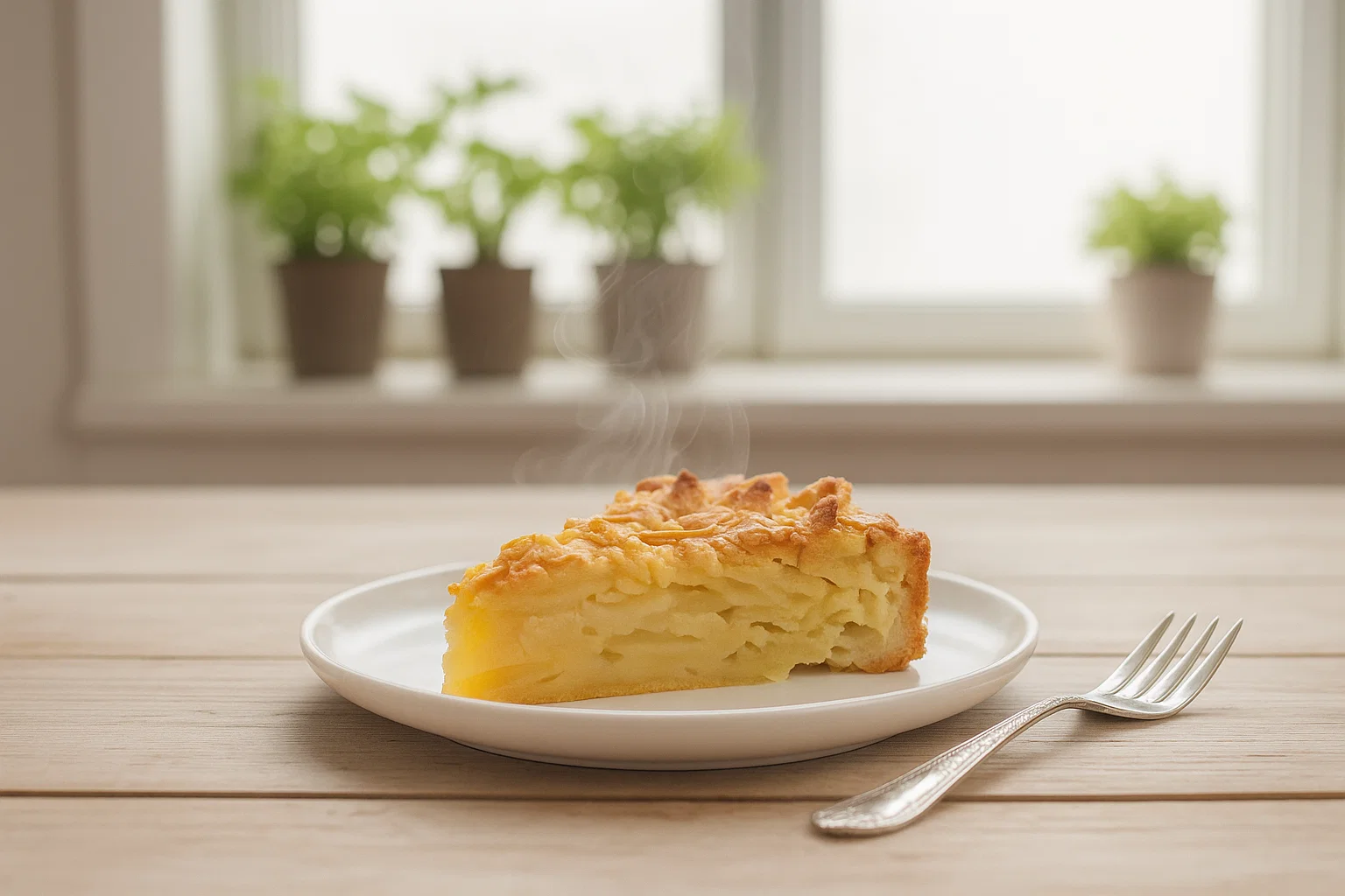 Tranche de Grimolle aux Pommes servie sur une assiette blanche avec une boule de glace vanille et filet de caramel.