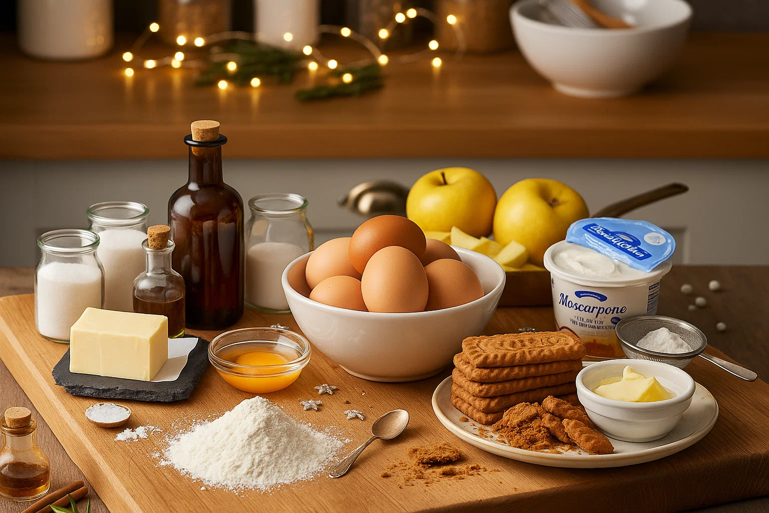 Gros plan sur des ingrédients pour bûche de Noël : spéculoos émiettés, caramel beurre salé, pommes coupées, et crème au mascarpone.
