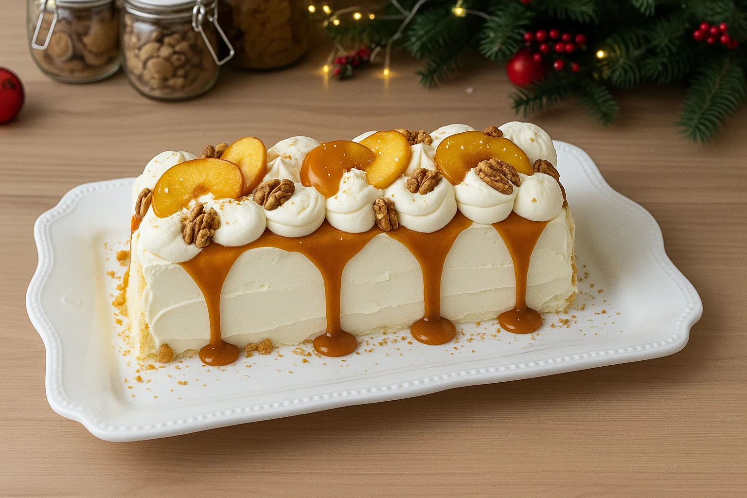 Bûche au Caramel Beurre Salé de Noël roulée, recouverte d'une crème blanche texturée en "écorce" et décorée de tranches de pommes et d'un filet de caramel beurre salé.