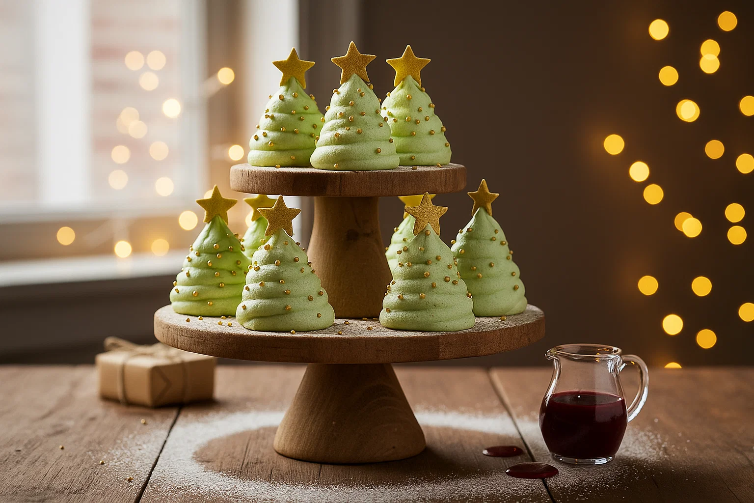 Petits Sapins Meringués individuels décorés de billes dorées et étoiles, croquants de Noël.