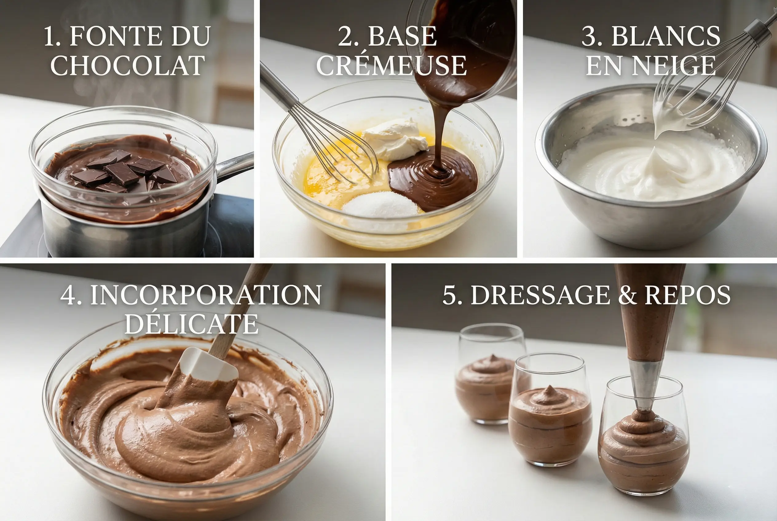 Infographie recette étape par étape mousse chocolat : fonte du chocolat, mélange mascarpone, blancs en neige, incorporation, et dressage en verrine.