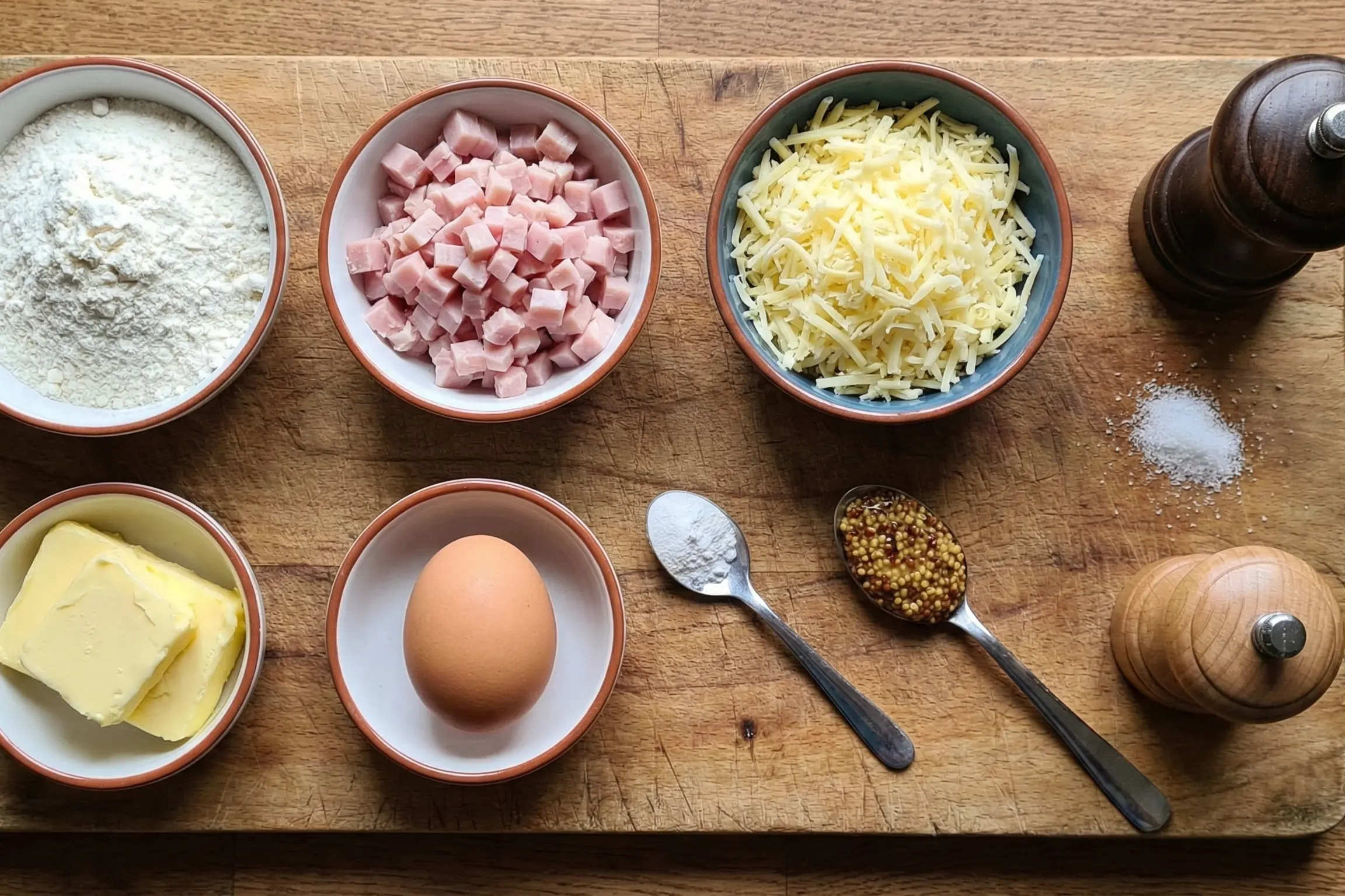 Ingrédients frais pour la recette de cookies salés au jambon et fromage disposés sur une planche en bois.