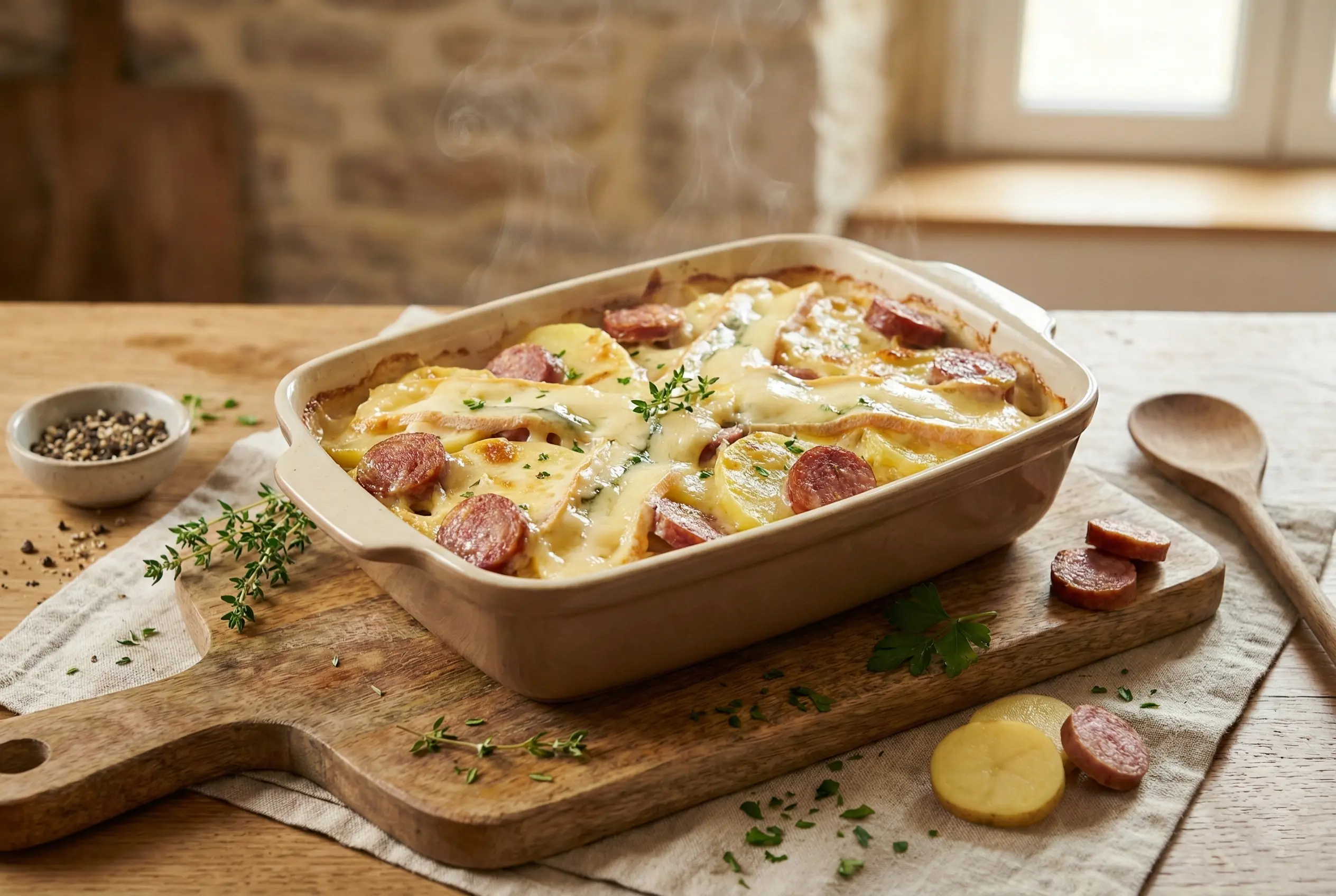 Gratin de Morbiflette doré et fumant sortant du four, posé sur une planche en bois avec décoration d'herbes fraîches et lumière naturelle.