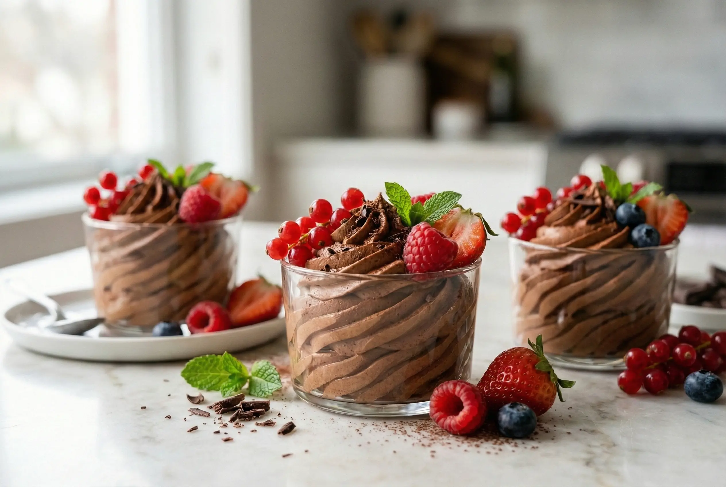 Verrines de mousse au chocolat mascarpone alignées sur marbre, garnies de fruits rouges frais (fraises, framboises) et copeaux de chocolat.
