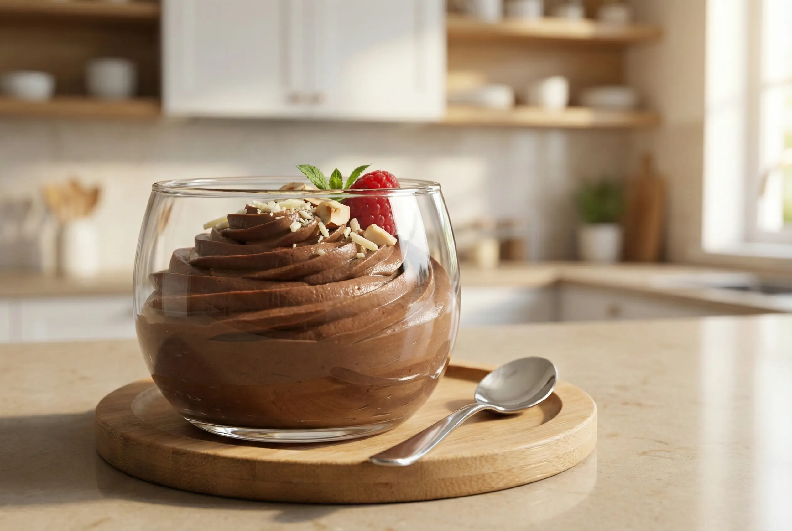 Verrines de mousse au chocolat mascarpone alignées sur marbre, garnies de fruits rouges frais (fraises, framboises) et copeaux de chocolat.