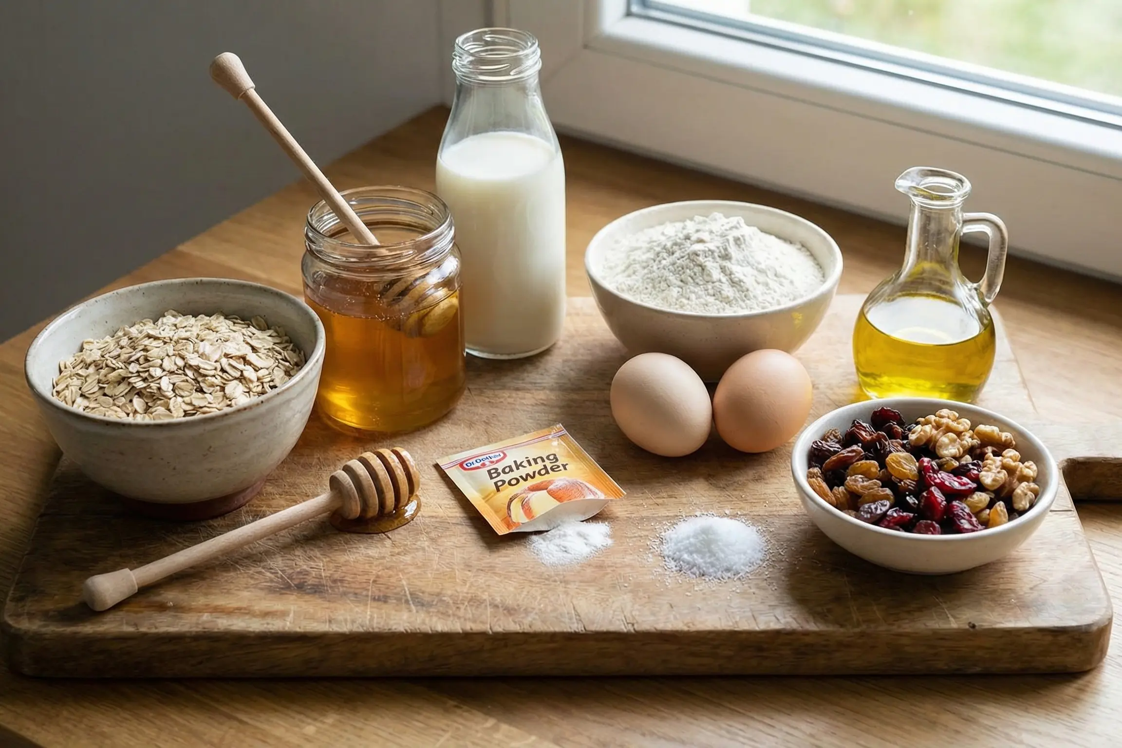 Ingrédients pour la recette de Pain du Matin aux Flocons d’Avoine et au Miel posés sur une table en bois : avoine, lait, œufs et miel.