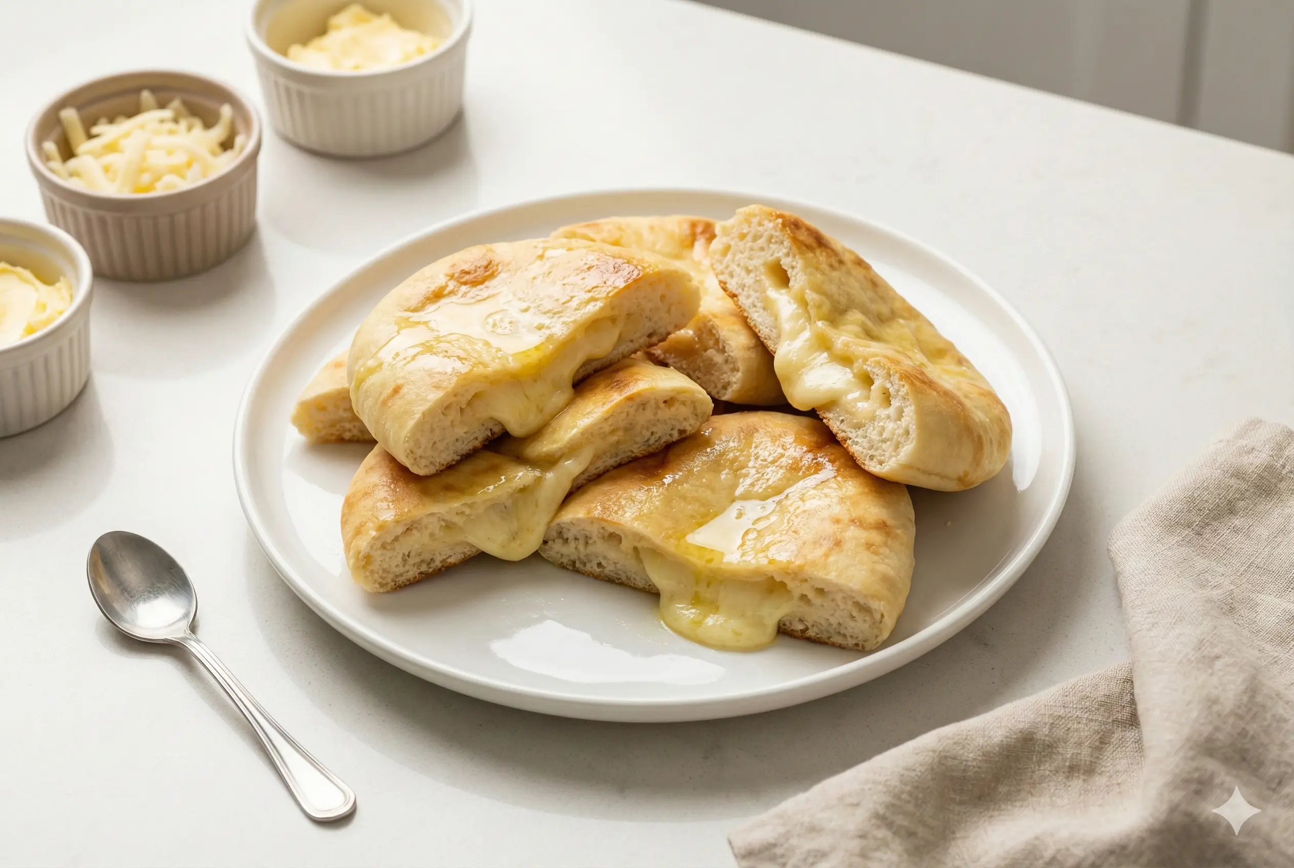 Grande assiette blanche remplie d'une pile de Naans Moelleux au Fromage dorés et chauds, badigeonnés de beurre fondu, près d'une fenêtre.