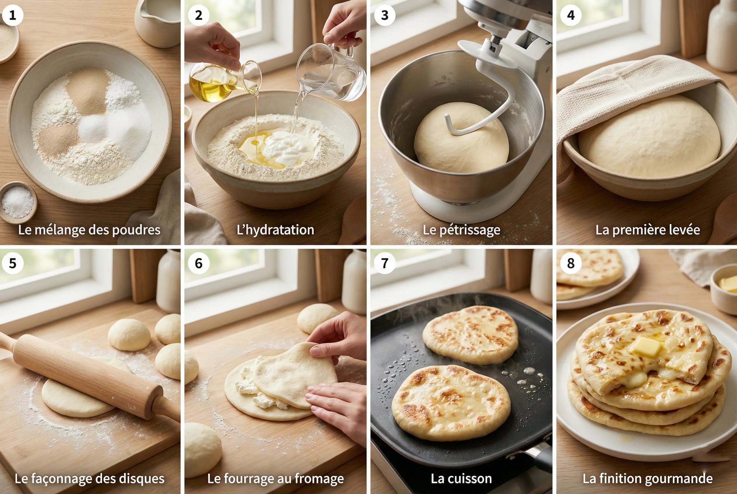 Tutoriel étape par étape montrant la préparation des Naans Moelleux au Fromage : pétrissage de la pâte, levée, fourrage au fromage et cuisson à la poêle.