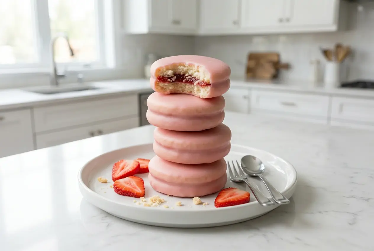 Pile de biscuits Napolitaines de l’île Maurice au glaçage rose, avec un biscuit croqué montrant la texture sablée et le cœur de confiture.
