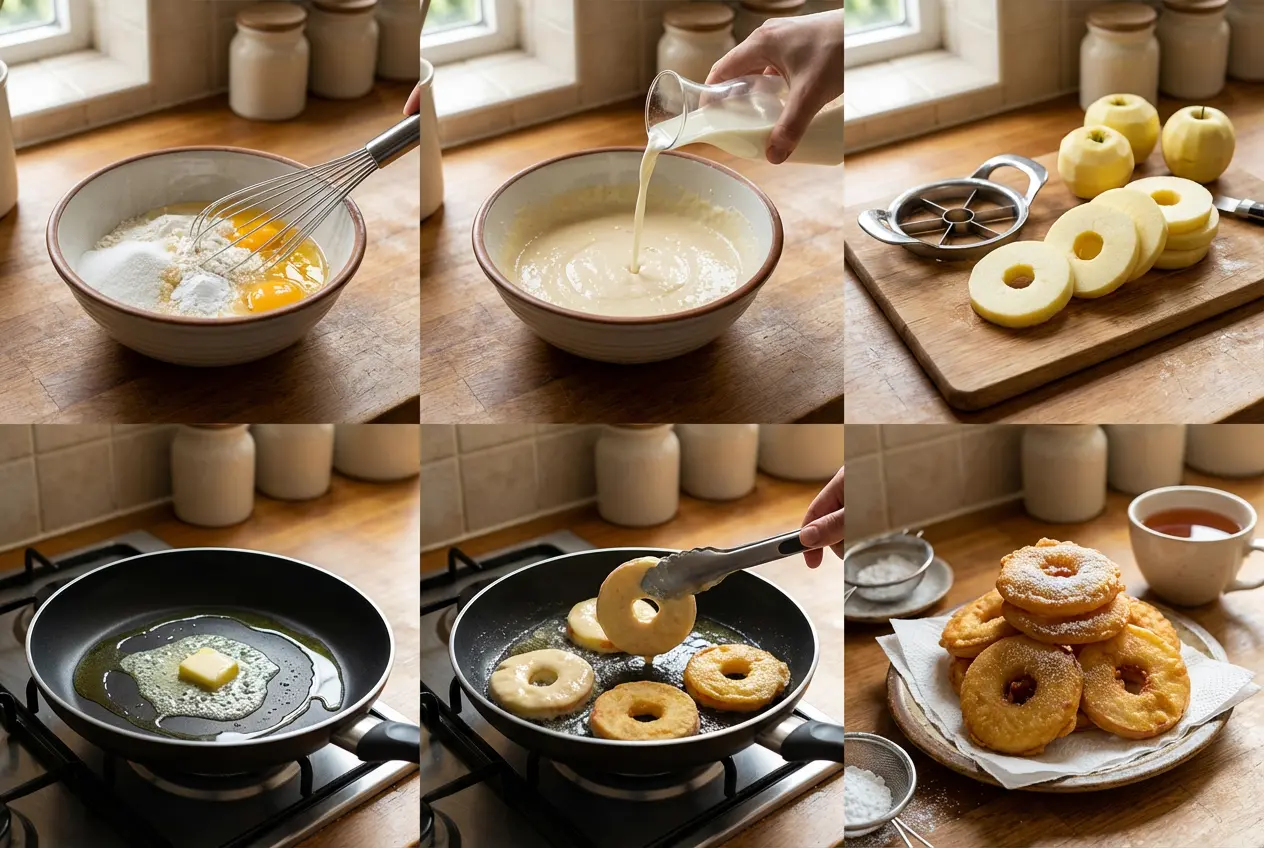 Guide visuel étape par étape montrant comment préparer les beignets aux pommes, de la préparation de la pâte à la cuisson des beignets dorés dans la poêle.