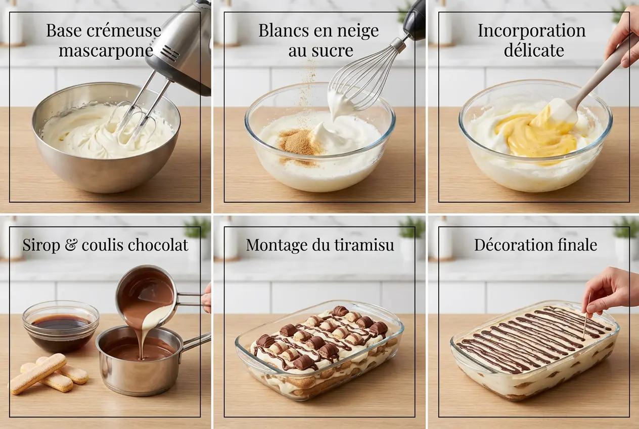 Guide visuel étape par étape de la recette du Tiramisu Kinder Bueno : préparation de la crème, mousse et montage.