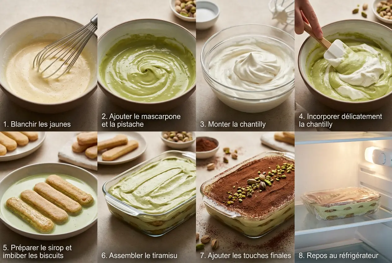 Guide visuel des étapes de préparation du Tiramisu à la Pistache, de la réalisation de la crème à l'assemblage final du dessert.