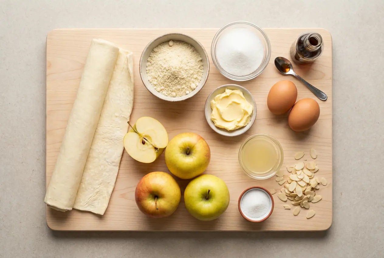 Ingredients-Recette-Tarte-Pommes-Creme-Amande Ingrédients frais pour la recette de tarte aux pommes à la crème d'amande disposés sur une table : pommes, poudre d'amande, beurre, œufs et pâte.