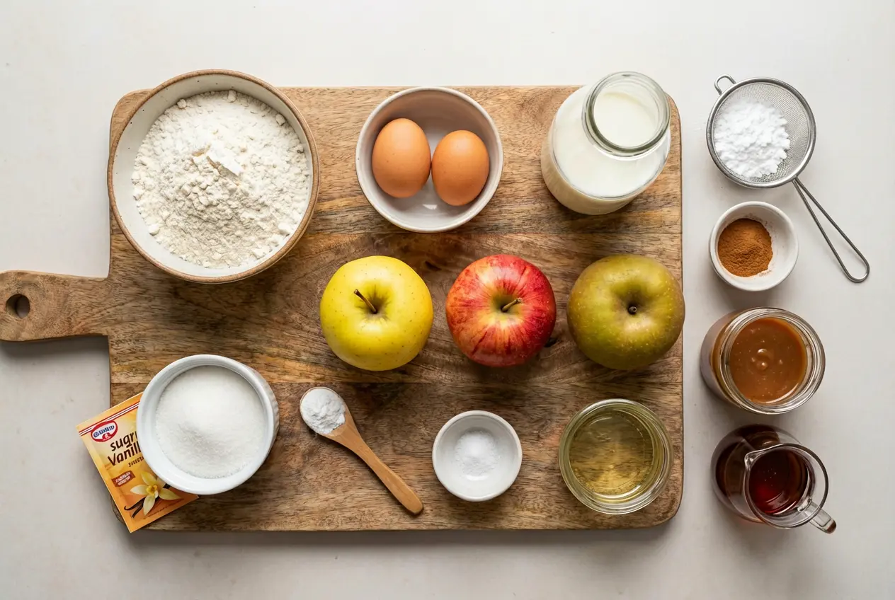 Ingrédients pour la recette des beignets aux pommes à la poêle, disposés à plat sur une planche en bois rustique : pommes, farine, œufs, lait, sucre et cannelle.