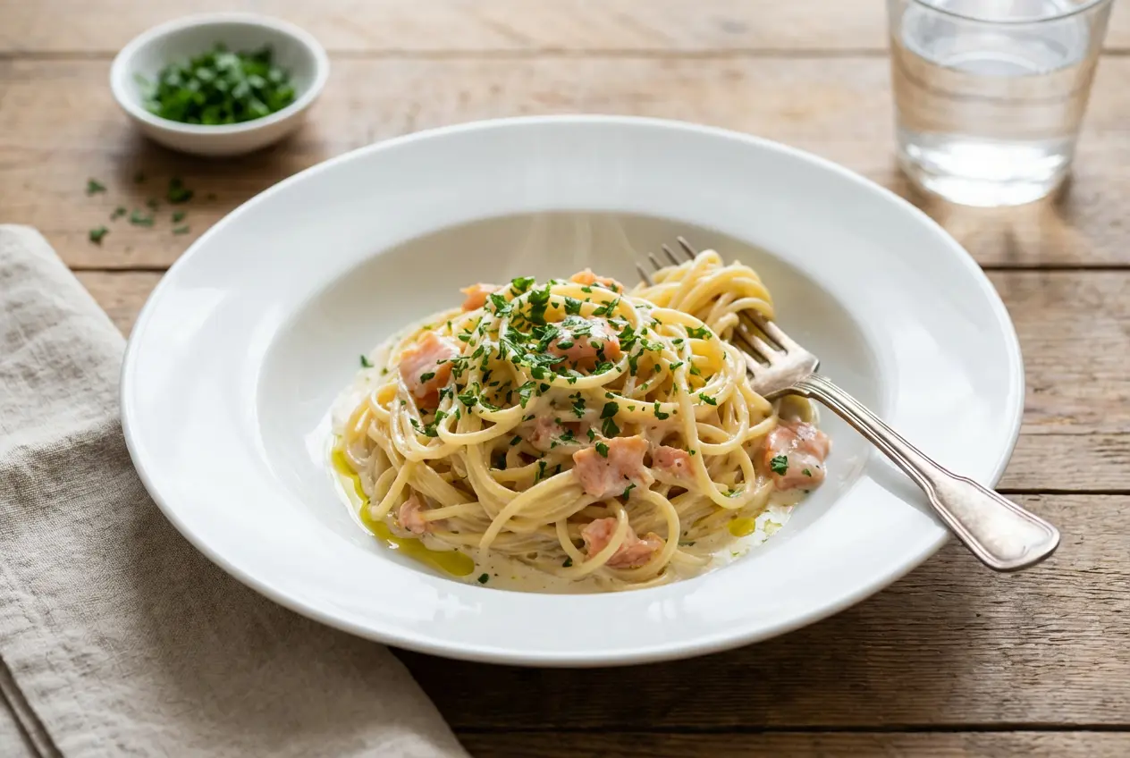 Plat final de spaghettis au saumon fumé servi dans une assiette creuse blanche élégante, garni de persil frais, avec de la vapeur s'élevant du plat.