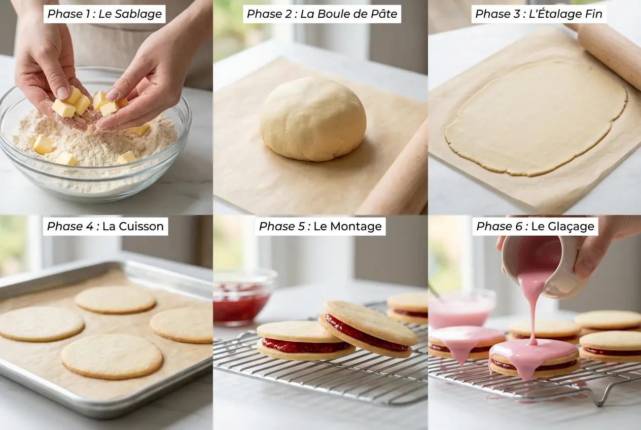 Étapes de préparation des Napolitaines de l’île Maurice : sablage de la pâte, étalage, cuisson douce, montage à la confiture et glaçage rose.