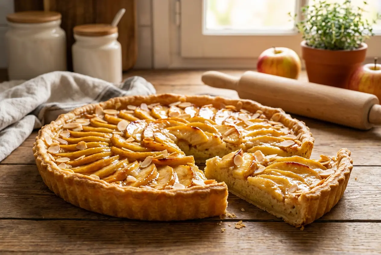 Tarte aux pommes à la crème d'amande fraîchement cuite posée sur une table en bois rustique avec une part découpée.