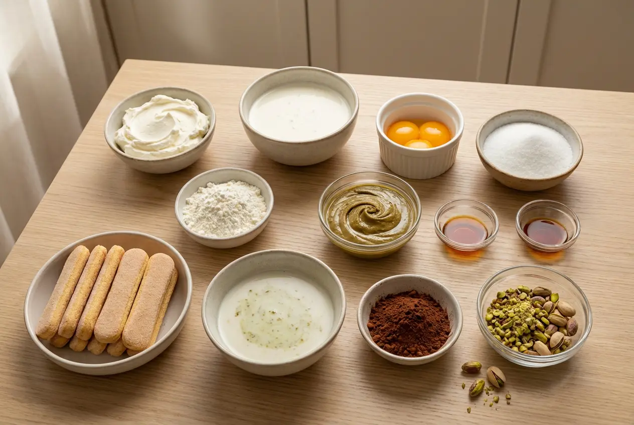 Ingrédients pour le Tiramisu à la Pistache disposés en flat lay sur une table en bois clair : mascarpone, œufs, pistaches, biscuits.