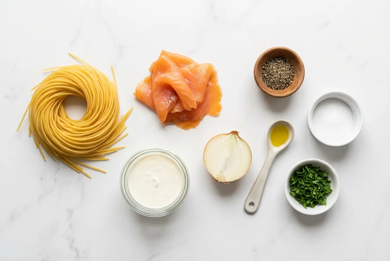 ngrédients pour la recette des spaghettis au saumon fumé soigneusement disposés sur un plan de travail en marbre clair, vue de dessus.