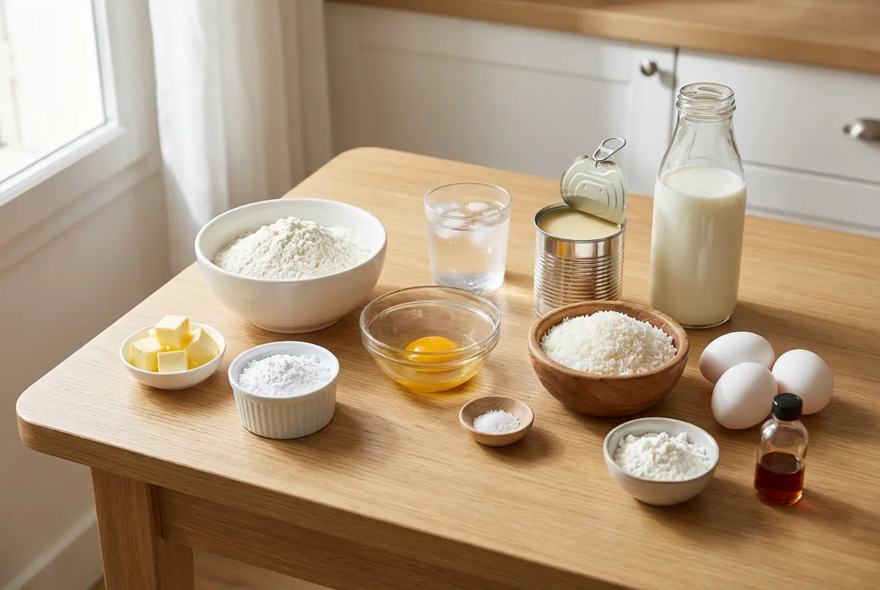 Ingrédients pour la recette de la Tarte au Flan Coco disposés sur une table en bois clair : farine, beurre, œufs, lait, et noix de coco râpée.
