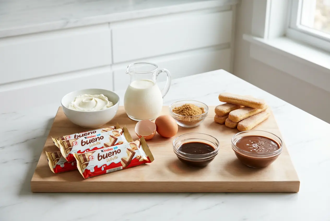 Ingrédients complets pour la recette de Tiramisu Kinder Bueno White disposés sur une planche en bois.