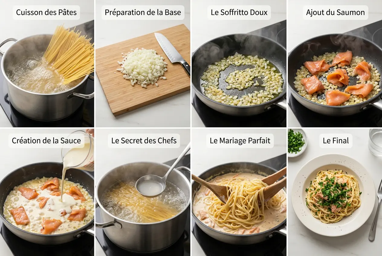 Storyboard en 8 étapes montrant la préparation des spaghettis au saumon fumé, de la cuisson des pâtes au service final dans l'assiette.
