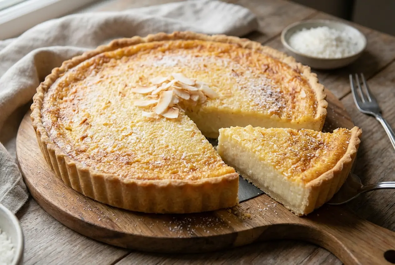 Magnifique Tarte au Flan Coco entière, dorée et brillante, présentée sur un plat de service élégant, prête à être dégustée.