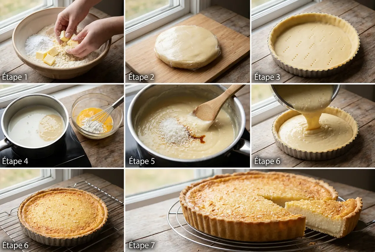 Infographie en 7 étapes montrant comment préparer la Tarte au Flan Coco, de la fabrication de la pâte à la cuisson finale.
