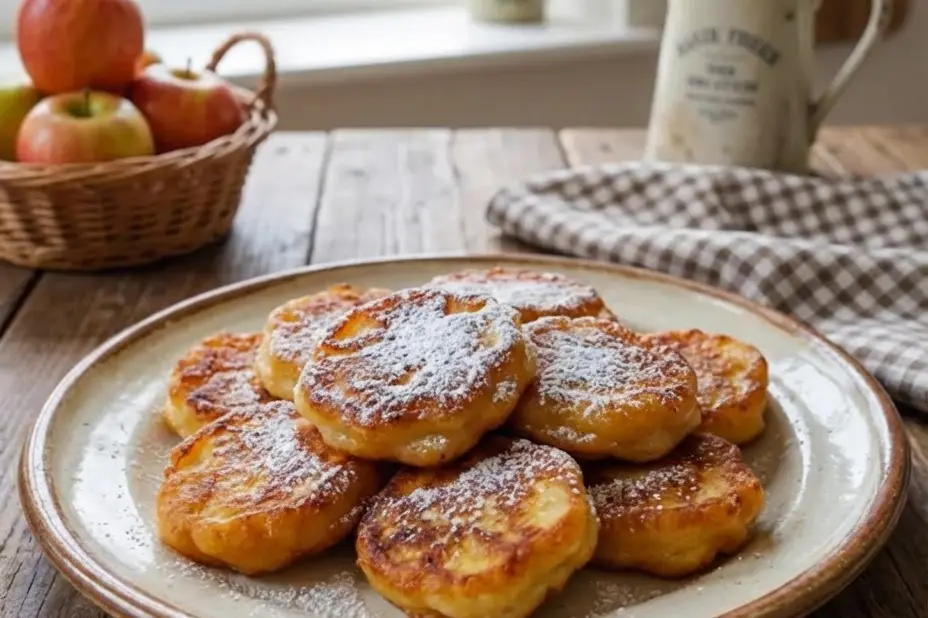 Présentation moderne et élégante de beignets aux pommes servis sur une assiette en céramique avec des touches de cannelle, sur un plan de travail en marbre.