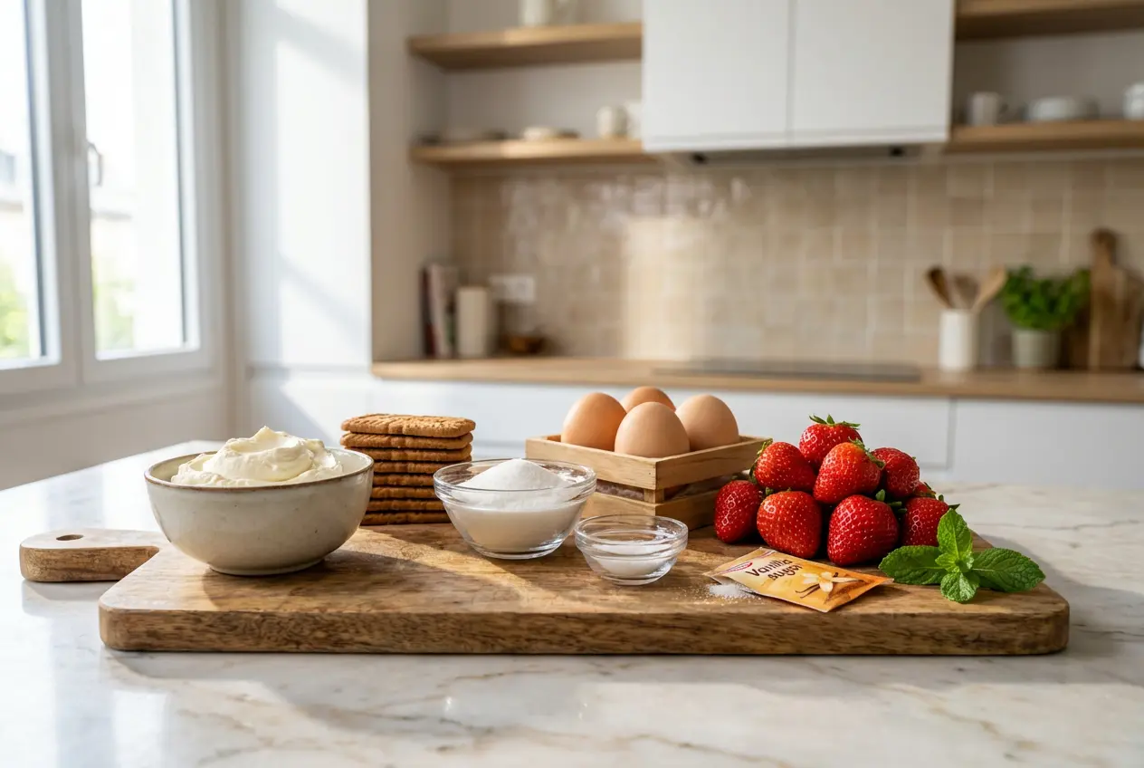 Ingredients-Tiramisu-Fraise-Speculoos-Frais Ingrédients frais pour la recette du tiramisu fraise et spéculoos posés sur un plan de travail en marbre.