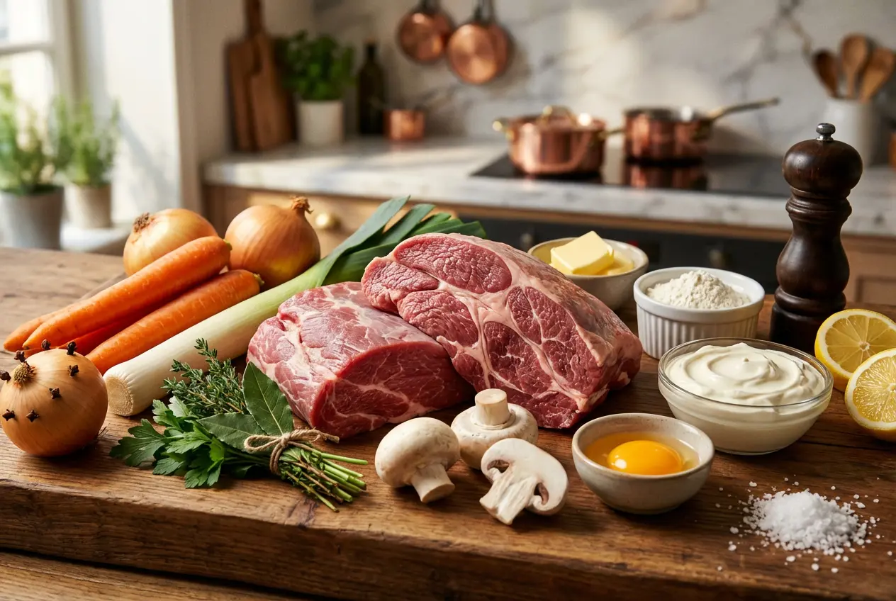 Ingrédients Classiques de la Blanquette de Veau-2c1b-479d-a229-3d507511104e Vue de dessus des ingrédients frais pour une Blanquette de Veau comprenant du veau cru, des carottes, des poireaux, des oignons grelots, du beurre, de la crème et des champignons sur un plan de travail rustique.