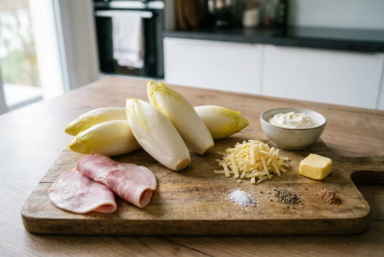 Vue de dessus des ingrédients frais nécessaires pour le Gratin d’Endives Mariette : endives blanches, tranches de jambon, bol de crème épaisse, fromage râpé, beurre et noix de muscade sur une planche en bois.
